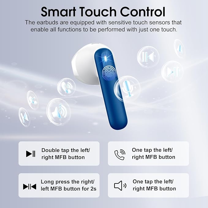 Wireless Earbuds, 2025 Bluetooth 5.4 Headphones in Ear buds, 40H HiFi Stereo Bluetooth Earbuds with 4 ENC Noise Cancelling Mics, IP7 Waterproof Ultralight Earphones with Dual LED Display USB C, Blue