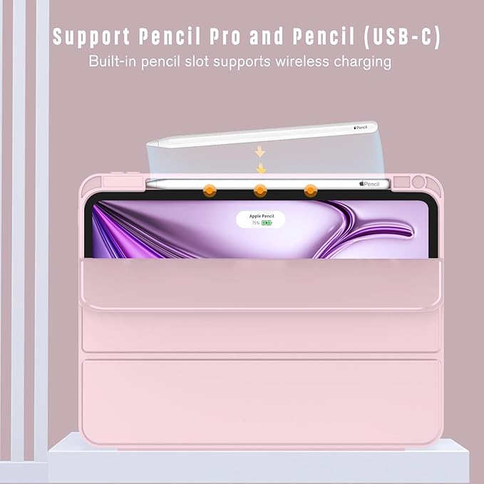 ZryXal New iPad Air 13 Inch Case M3 2025/M2 2024 with Pencil Holder, Trifold Stand Smart Case with Soft TPU Back,Auto Wake/Sleep(Pink)