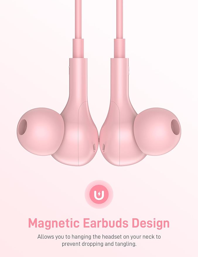 iMangoo for Apple MFi-Certified Headphones for Lightning Wired Earbuds Magnetic Ear Buds with HiFi Bass,3 Ear Tips Mic Corded Earphones for Gym, Commuting for iPhone 14 Plus 13 12 11 Pro Max Pink