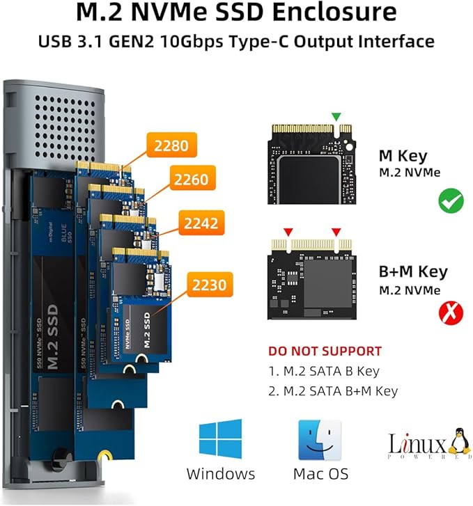 MAIWO M.2 NVMe SSD Enclosure, USB 3.1 GEN2 10Gbps Tool Free USB C to M.2 NVMe SSD Adapter Reader Case, Support UASP Trim, 8TB Capacity, Aluminum