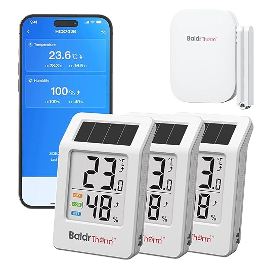 BaldrTherm WiFi Thermometer, Wireless Smart Thermometer, Remote Temperature Monitor with Gateway&Solar Sensor,200ft Coverage, App Alerts,12-Month Battery, Comfort Indicator, Data Sync Recover,3Pack