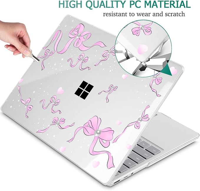 May Chen Compatible with Microsoft Surface Laptop Go 3 Go 2 Go 1 12.4 Inch Model 1943 2013 (2023 2022 2020 Release), Plastic Hard Shell Case with Screen Protector + Keyboard Cover, Pearl Bow