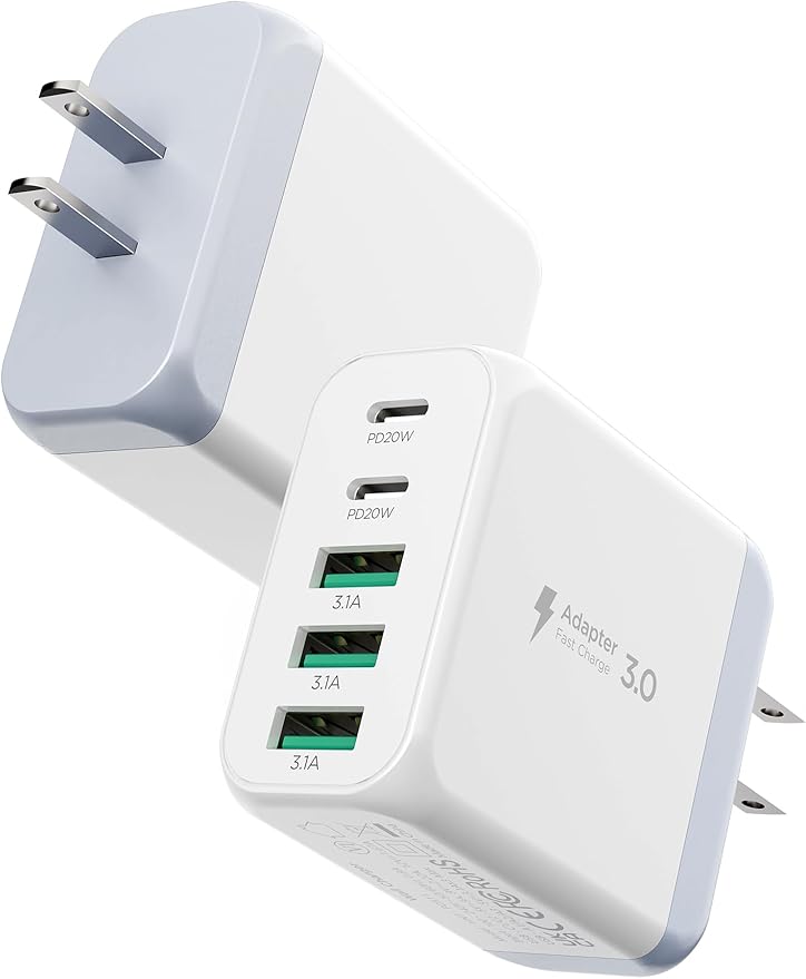 EIZLXQ USB C Charger Block,50W 5-Port Fast Wall Charger,Dual Type-C & USB-A Multiport Charging Cube for iPhone 17/16/15/14/13 Pro Max,iPad,Samsung Galaxy–2 Pack,White