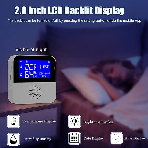 WiFi Thermometer Hygrometer with Waterproof Probe: Smart Temperature Humidity Sensor with LCD Backlit Screen & Calibration Function, App & Buzzer Alert, Indoor Temperature Monitor for Home Pet