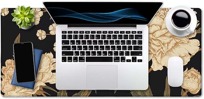 SSOIU White Peony Desk Pad, Beige Desk Protector, Green Desk Blotter, Floral Keyboard Mat, Extended Gaming Mouse Pad (35.5x15.7 in), Large Non-Slip Rubber Base Mousepad with Stitched Edges