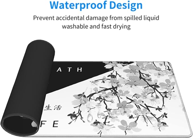 Black White Cherry Blossom Mouse Pad 31.5 X 11.8 Inch XL Japanese Art Style Design Extended Gaming Mousepad Large Non-Slip Rubber Base Keyboard Desk Mat with Stitched Edges for Gaming Office