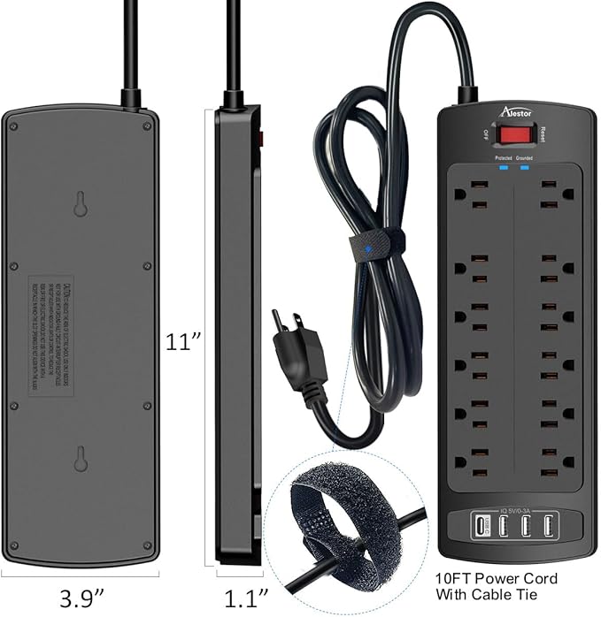 Power Strip Surge Protector - ALESTOR 10 Feet Extension Cord (1875W/15A) with 12 Outlets and 4 USB Ports, 2700 Joules, for Home, School, College Dorm Room, and Office, ETL Listed, Black