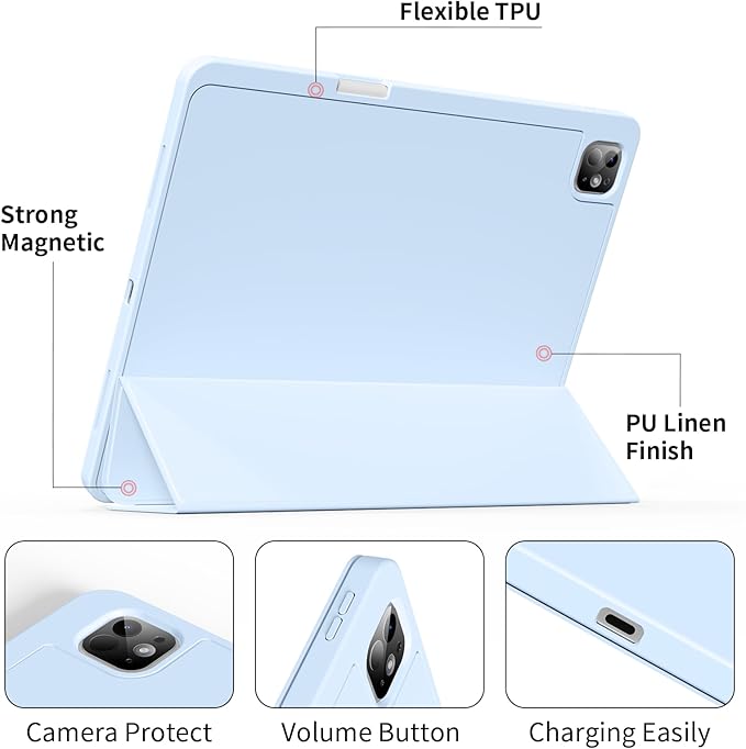 for iPad Pro 13 inch Case (M5/M4) 2025/2024, Slim Protective Cover with Pencil Holder, Soft TPU Back Cover, Trifold Stand, Auto Wake/Sleep, A2925 A2926 A3007 A3362 A3359 (Sky Blue)