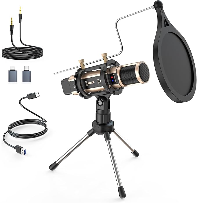 ZealSound USB Podcast Microphone for iPhone, iPad, Android, PC & Laptop, Condenser Mic with Noise Reduction, Mute, Headphone Monitoring & Echo Control for ASMR, Podcast, Streaming, Gaming