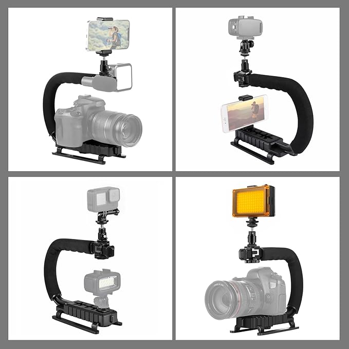 PULUZ U/C Shape Video Action Stabilizing Handle Grip Handheld Stabilizer Kit with Phone Clamp & LED Studio Light for Canon Sony Nikon Cameras and Home DV Camera Smartphones