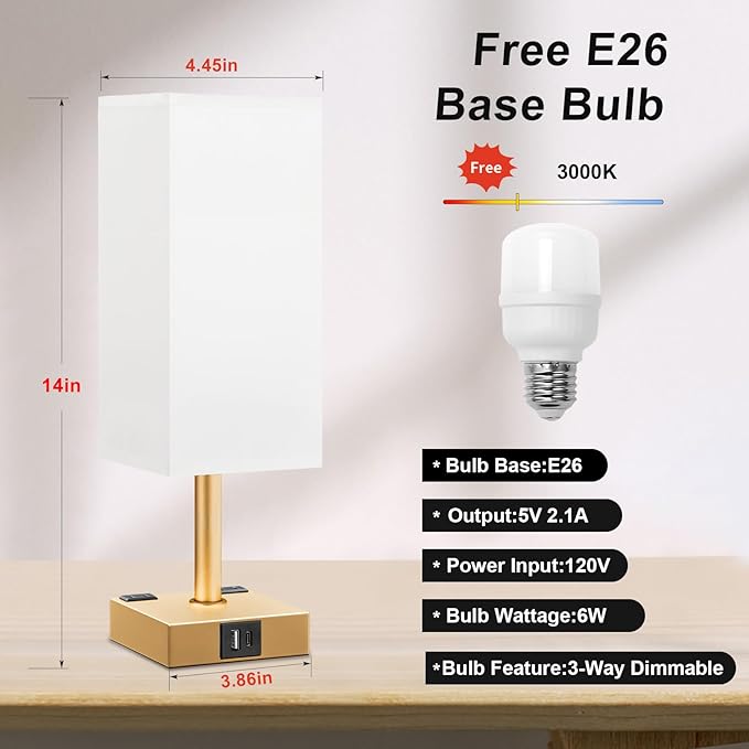 aooshine Gold White Touch Table Lamp - Bedside Lamp with USB A + Type C Charging Ports and Two AC Outlets, Small Night Stand with E26 LED Bulb, Desk Light for Bedroom Living Room Office Dorm