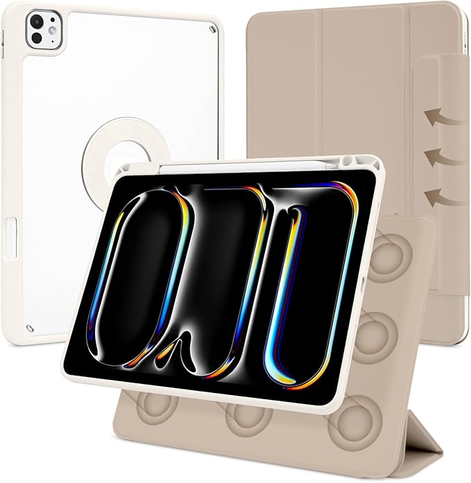 Case for iPad Pro 11 inch M5/M4 (2025/2024, 6th/5th Generation), Removable and Detachable Magnetic Cover with Pencil Holder, Vertical Adjustable Stand, Tri-Fold Multi-Angle, Oat Coffee+White