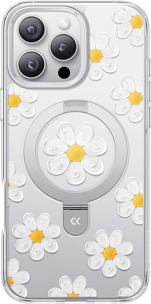 CASEKOO Floral Series Oil Painting Daisy for iPhone 15 Pro Case with Magnetic Ring Stand [Compatible with MagSafe] [Military-Grade Protection] Fashion Clear Back, Soft Edge, for Women