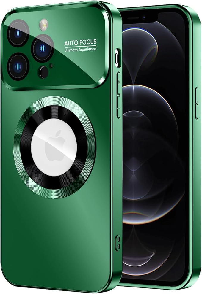 MAKAVO Magnetic for iPhone 12 Pro Case, Compatible with MagSafe, Built-in Camera Lens Protector, Logo View, Military Grade Drop Proof Phone Case Cover, Green