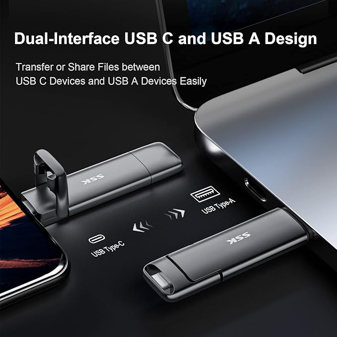 SSK External USB C SSD Flash Drive 512GB, Up to 550MB/s 2-in-1 Type C+ USB A USB3.2 Gen2 Solid State Thumb Drive, Memory Stick Data Storage for iPhone 15/PS4/PS5/Android Phone/Windows/Mac