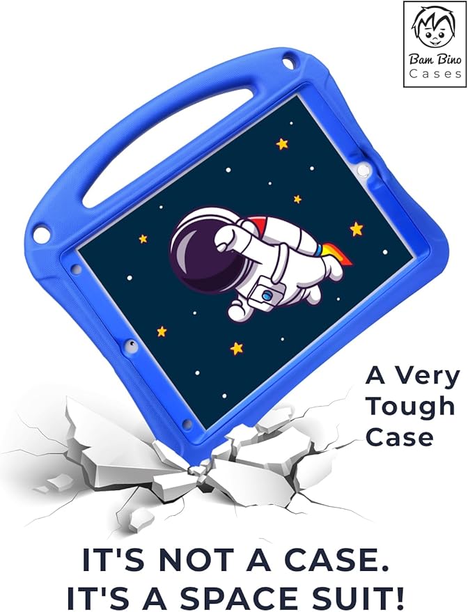 Bam Bino Space Suit iPad 9th Generation Case Kids, iPad 8th/7th/10.2 inch iPad Case for Kids | Lightweight Cover with Screen Protector, Handle, Stand, Shoulder Strap, Pencil Holder (Galactic Blue)