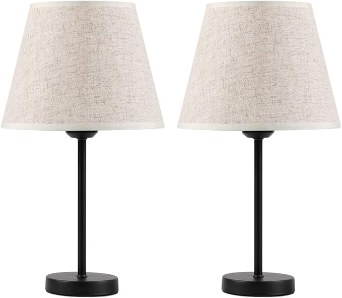 HAITRAL Bedside Table Lamps - Small Nightstand Lamps Set of 2 with Fabric Shade Bedside Desk Lamps for Bedroom, Living Room, Office, Kids Room, Girls Room, Dorm 15 Inches - Black (HT-TH28-27X2)