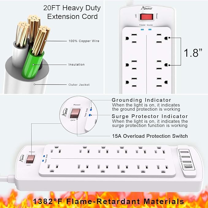 Power Strip, ALESTOR Surge Protector with 12 Outlets and 4 USB Ports, 20 Feet Extension Cord (1875W/15A), 2700 Joules, ETL Listed, White