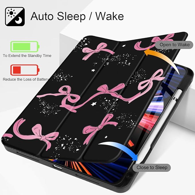 Tuiklo for iPad Pro 12.9 inch 6th / 5th / 4th / 3rd Generation 2022 2021 2020 2018 Release Case- Built in Pencil Holder Slim Protective Cover with Auto Wake/Sleep, Bow