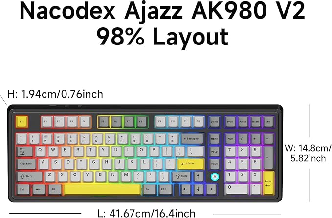 NACODEX Ajazz AK980 Grey Yellow Wireless Mechanical Gaming Keyboard,Tri-Mode BT5.0/2.4GHz/USB-C Hot Swappable Custom Keyboard RGB Backlit Computer Gaming Keyboards for PC/Tablet/PS/Xbox