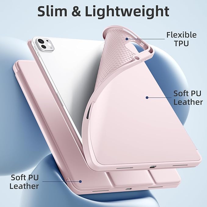 Akkerds Compatible with iPad Pro 13 Inch Case (M5/M4) 2025/2024, for iPad 13 Pro Case with Pencil Holder, Slim Trifold Stand Protective Cover with Soft TPU Back, Auto Wake/Sleep (Pink)