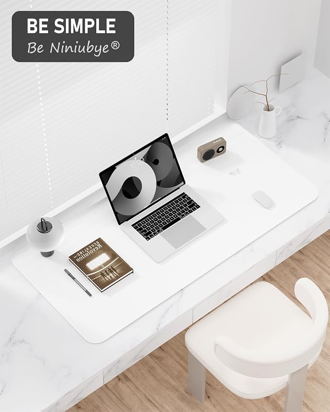 Desk Pad, 23.6" x 13.8" PU Leather Non-Slip Desk Mat Large Mouse Pad for Desktop, Waterproof Laptop Computer Writing Mat for Office, Home, Work, Gaming, White