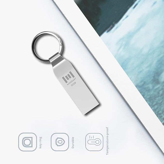 MOSDART Waterproof 32GB USB2.0 Flash Drive, FAT32 Metal Memory Stick with Keychain, for System Back, Data Storage, Silver