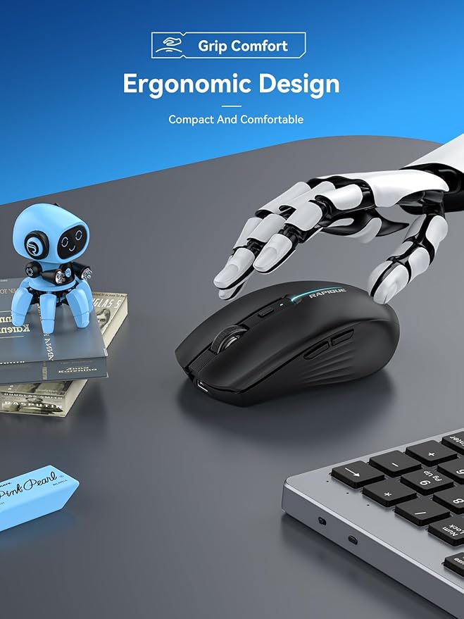 RAPIQUE Bluetooth Wireless Mouse - (BT1/BT2+USB) Tri-Mode High Performance, Rechargeable, Quiet Click, Multi-Device Compatibility for Laptop, Computer, MacBook, Tablet, PC (Black)