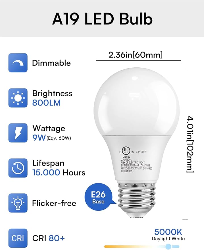 TJOY A19 Dimmable LED Light Bulbs, E26 Led Bulbs 60 Watt Equivalent, Daylight 5000K, 800 Lumens Standard Base, Energy Saving Lightbulbs, Efficient 9W, 120V, 15,000 Hour Lifetime, 6 Pack
