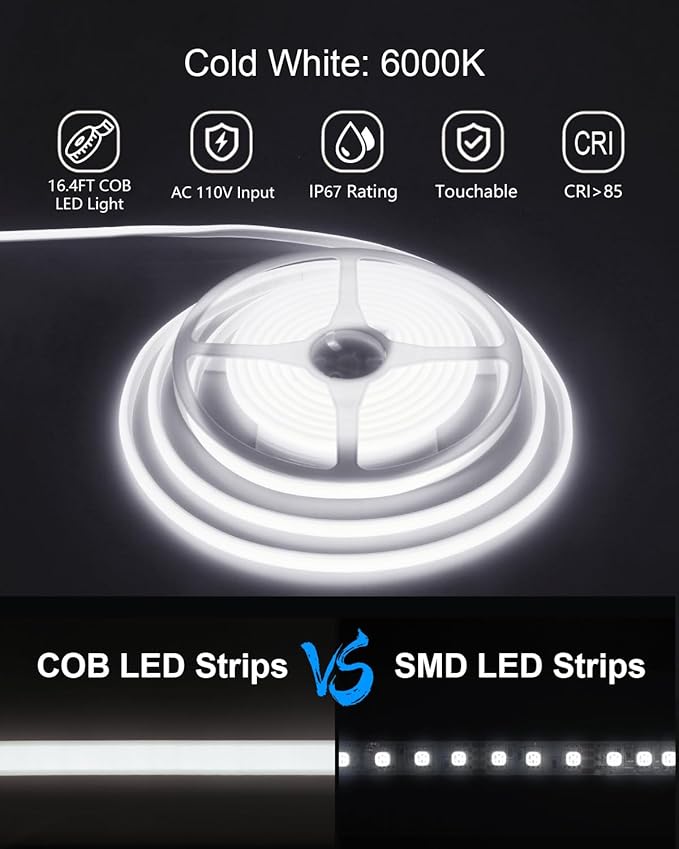 ALITOVE 110V 120V LED Strip Lights Waterproof 16.4ft COB Style Super Bright Daylight White LED Strip Lights 6000k CRI90+ for Indoor Outdoor Home Commercial Lighting(No Remote Version)