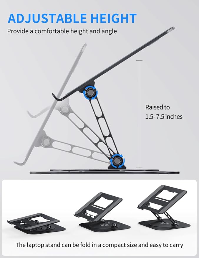AOEVI Adjustable Laptop Stand with 360 Rotating Base, Computer Stand for Laptop Ergonimic Foldable Laptop Riser for Desk Compatible with MacBook Pro/Air Notebook up to 16 Inches, Black