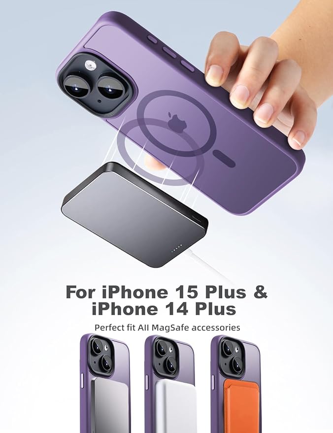 Tigowos Cellular Phone Case for iPhone 15 Plus & iPhone 14 Plus, Magnetic MIL-Grade Drop Tested, Matte Back Cover, Deep Purple