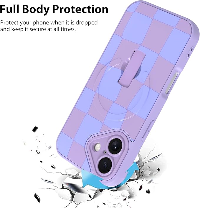 KANGHAR Compatible with iPhone 17 Case, Support for MagSafe, Silicone Checkered Cute Pattern, Wristband Kickstand Camera Protection Soft Slim Cover for Girls Women -Purple