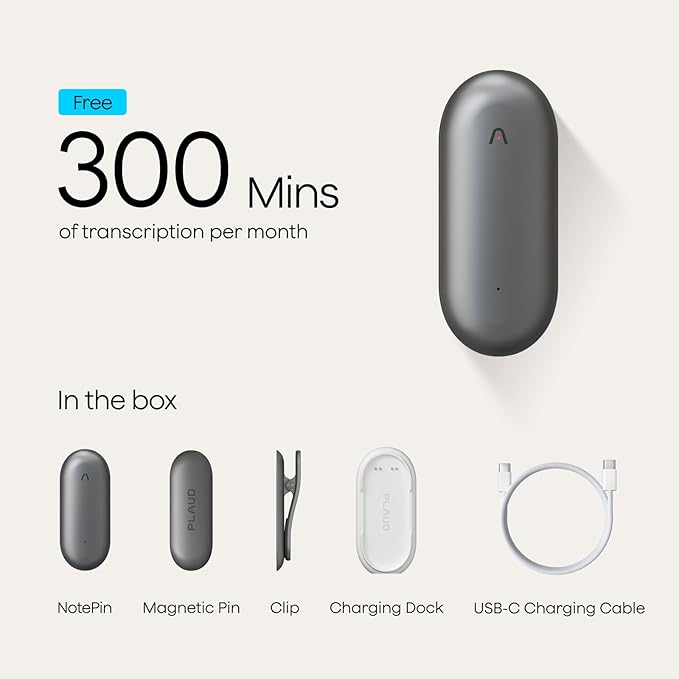 Plaud NotePin Voice Recorder, AI Voice Recorder, AI Note Taker, AI Transcribe & Summarize, Support 112 Languages, for Meetings, Lectures, Professionals, Teams, Cosmic Gray, Non-S Version