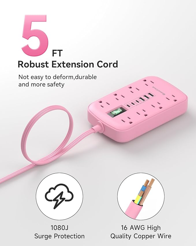 Pink Extension Cord with Surge Protector - 5 FT Kawaii Power Strip, Cute Extension Cord with 6 USB(3 USB C) and 8 Outlets, Pink Desk Accessories for Girl Cute Kawaii Room Decor Gifts Office Dorm Home