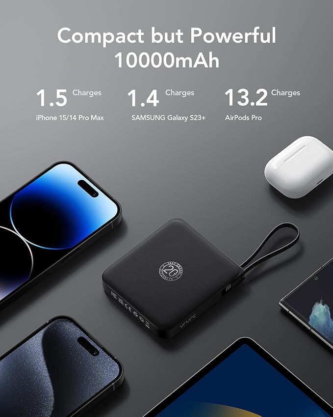 VRURC Portable Charger with Built-in Cable, 10000mAh 22.5W Fast Charging USB C Battery Pack, Cell Phone Power Bank for iPhone 17 16 15 Series Android Tablet (Black)