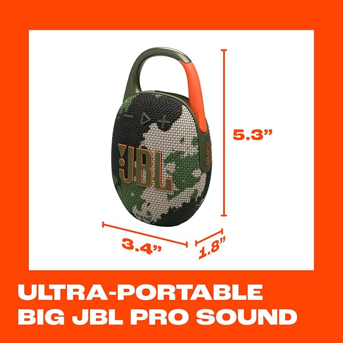 JBL Clip 5 - Ultra-Portable, Waterproof & Dustproof Bluetooth Speaker, Big JBL Pro Sound with Punchy bass, Integrated Carabiner, Up to 12 Hours of Play, Made in Part with Recycled Materials (Squad)