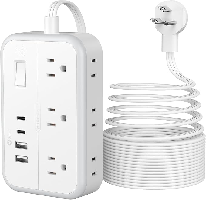Flat Plug Extension Cord 25 ft, Power Strip, Outlet Extender with 6 Outlets 4 USB Ports, Overload Protection, Long Extension Cord with Multiple Outlets for Indoor, Home, Office, White