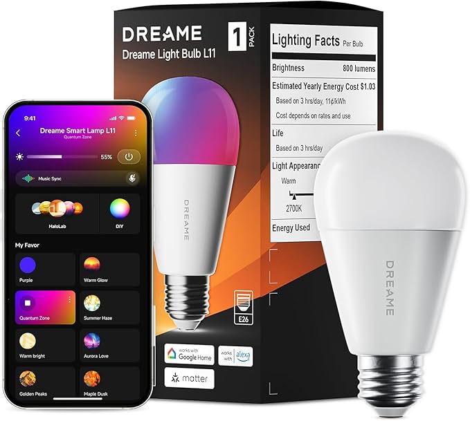 DREAME Smart Light Bulb, High CRI 90+ Color Changing LED, BLE+WiFi Dual Modes, 16 Million Colors 2700K-6500K, Works with Alexa & Google Home, Matter Compatible, A19 800LM 8.5W
