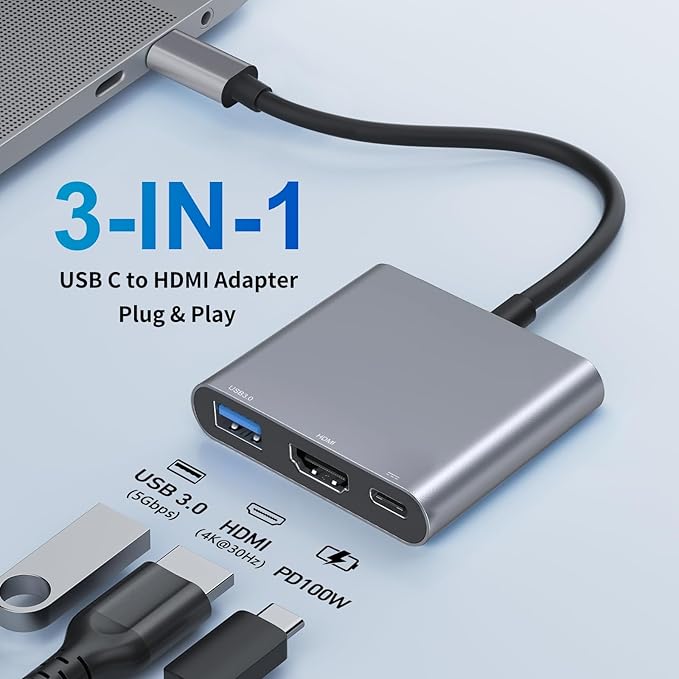 USB C to HDMI Adapter, Type-C Hub Converter to 4K HDMI Output, USB 3.0 Port & 100W PD Fasting Charging Port, USB-C Digital AV Multiport Adapter for MacBook Pro/Air, iPad Pro and More USB-C Devices