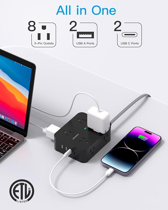 Extension Cord 25 Ft, HANYCONY Surge Protector Power Strip with 8 Outlets 4 USB Ports(2 USB C), Long Cord, Wall Mount, Desk USB Charging Station for Home Office College Dorm Room Essentials
