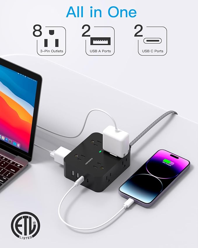Extension Cord 6 Ft, HANYCONY Surge Protector Power Strip Long Cord 8 Outlets 4 USB Ports(2 USB C), Wall Mount, 1080J Surge Protection, Desk Charging Station for for Home Office Dorm Room Essentials