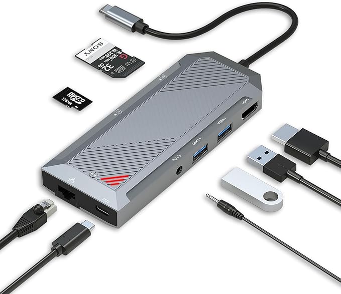 Redragon 9-in-1 USB-C Hub with SSD Enclosure for M.2 NVMe, 4K 60Hz HDMI Splitter, 100W PD Charging, 1Gbps Ethernet, 2X USB-A 3.1 10Gbps, SD/TF Card Reader, 3.5mm Audio for MacBook Pro/XPS/Dell/More