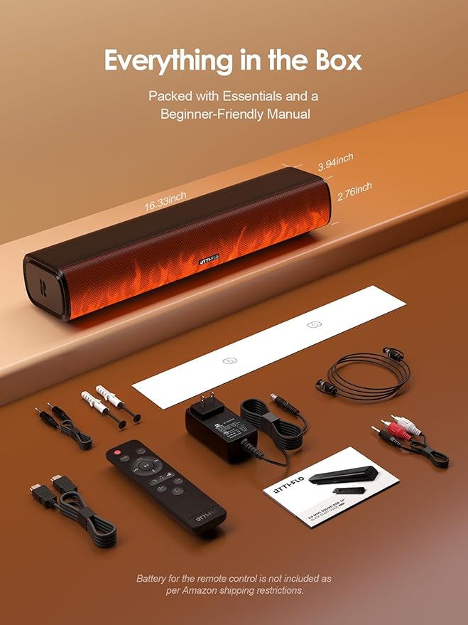 Rythflo 60W Bluetooth Sound Bar, 16 inch Compact TV Soundbar with Remote, 8 Flame Light Modes, Optical/ARC/AUX/RCA Connections, Wall-Mountable Home Theater Speaker for TV, PC, Projector, Gaming