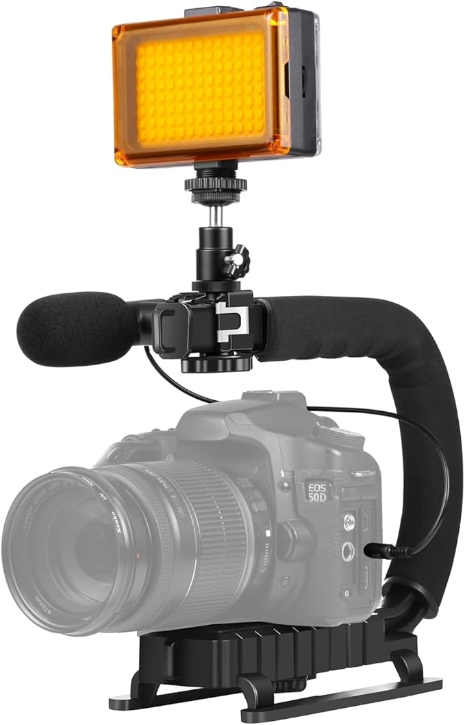 PULUZ U/C Shape Portable Handheld Bracket Stabilizer Kits Handle Grip + LED Studio Light + Video Microphone Kit with Cold Shoe Tripod Head for All SLR Cameras and Home DV Camera Smartphones