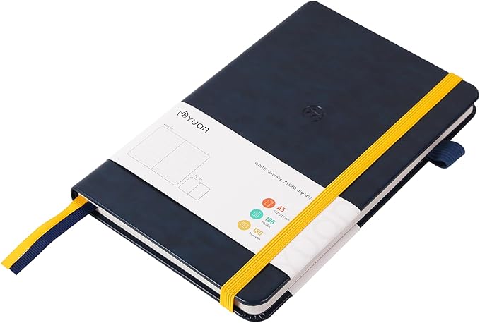 Yuan Smart Notebook, Smart Notebook with navy Hard Cover for Smart Pen Writing Set, 2/3 Lined Pages and 1/3 Blank Pages, 5.2" X 8.27", 94 Sheet/187 Pages, Yellow Elastic Closure and Bookmark