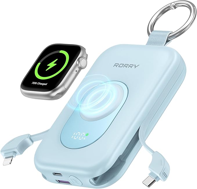 RORRY CharmGo Portable Charger, 20000mAh PD 30W Portable Charger Power Bank with 2 Built-in Cables, Fast Charging Battery Pack with Keychain, Travel Essentials for iPhone, Apple Watch, iPad, Sky Blue