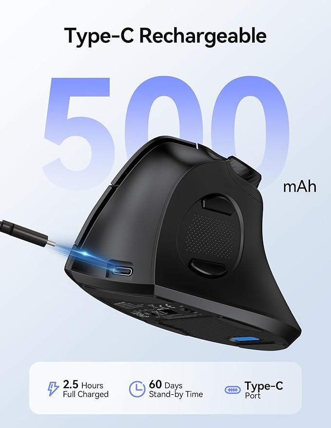 TECKNET Ergonomic Mouse, Rechargeable Wireless Bluetooth Mouse (BT 5.0/5.0+2.4G), Vertical Mouse with Volume Knob, Quiet Clicks, Cordless Mice 6 Adjustable DPI with USB A Receiver, Wide Compatibility