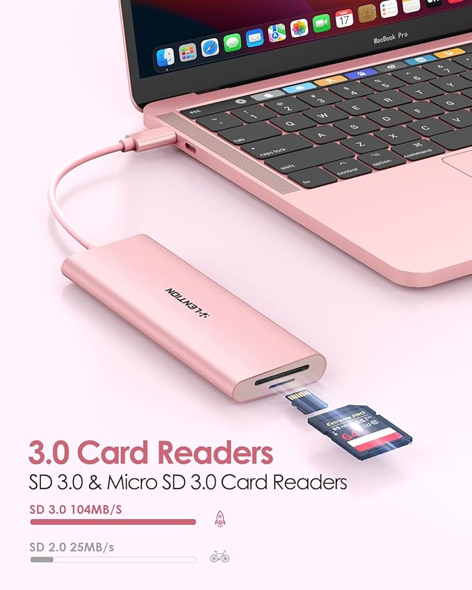 LENTION 7-in-1 USB C Multiport Hub with 4K HDMI, 100W PD, 3 USB 3.0 Ports, SD/MicroSD Card Reader Compatible MacBook Pro/Air/Neo 2016-2026 Type C Devices Stable Driver Adapter (CB-C36B, Rose Gold)