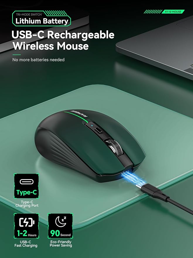 RAPIQUE Bluetooth Wireless Mouse – Bluetooth 5.1 & 2.4G Dual Connectivity, Rechargeable USB-C, Silent Click, Ergonomic 6-Button for Windows/macOS/Android/iOS/Laptop/MacBook(Green-to-Black)